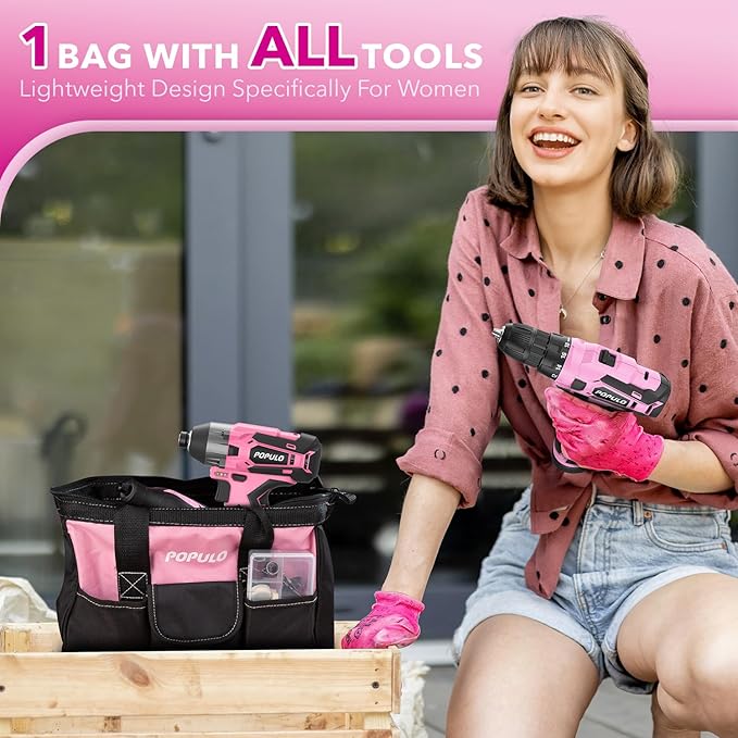 Pink Household Power Tool Combo for Women(3-Tool), 12V Lightweight Cordless Drill with Battery x2, Impact Driver and Rotary Tool Kit-Home Tool Kit for DIY, Home Improvement