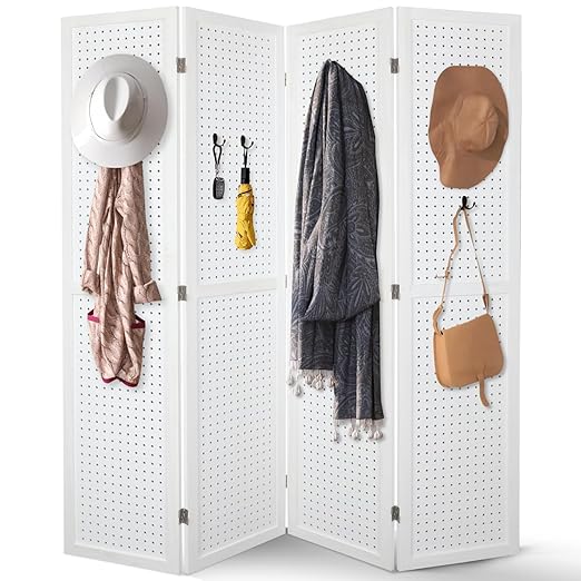 Babion 4 Panel Pegboard Display, Peg Board Room Divider Freestanding Folding Privacy Screens Pegboard Display Stand for Craft Shows (White)