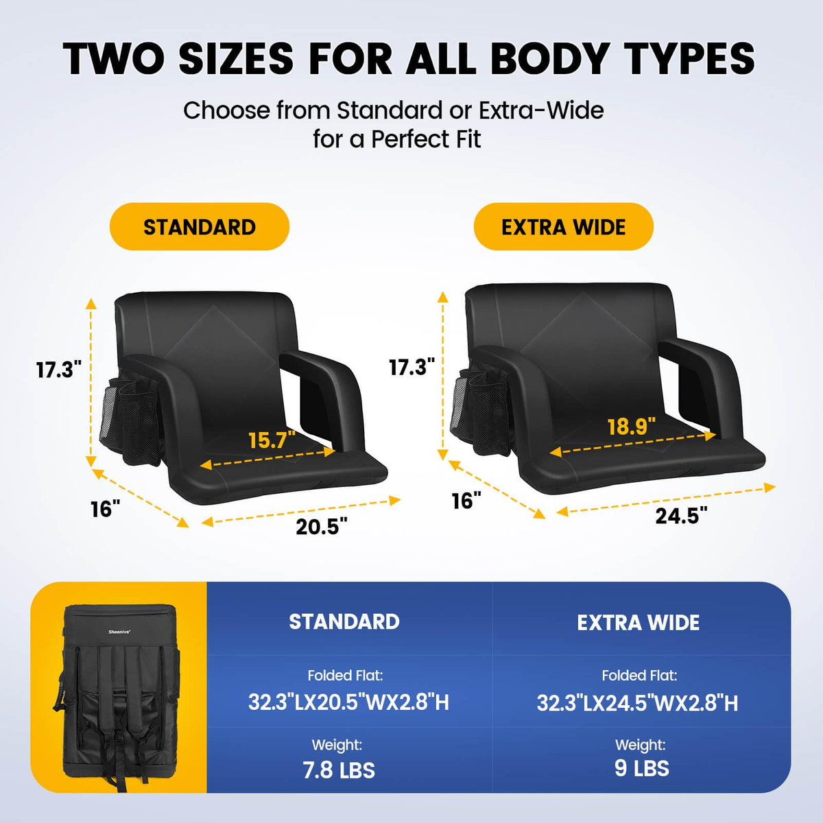 Sheenive Stadium Seat with Back Support (2 Pack) - 2.8'' Thick Comfy Cushion, Wide Padded Reclining Bleacher Seat with Armrests - Includes Backpack Strap, Carry Handle, 2 Cup Holders & 2 Large Pockets