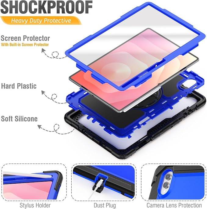 HXCASEAC Case for Samsung Galaxy Tab S10+ Plus / S9 Fe+ / S9+ 5G 12.4 inch Protective with Screen Protector/S Pen Holder/ 360 Rotating Stand Hand Strap - Black