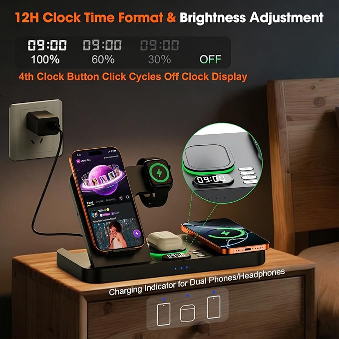 Dual Phone Magnetic Wireless Charging Station for Apple Devices/Apple Ecosystem,with Auto-Switch 7-Color Light & Clock, Compatible with iPhone 17/16/15, for iWatch 11/10/9 & AirPods Pro3（Black