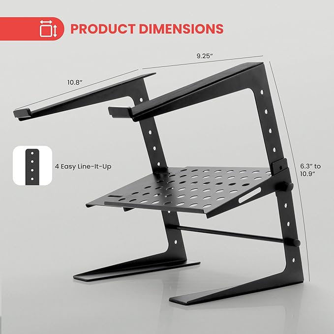 Pyle DJ Laptop Stand with Storage Shelf, Portable Adjustable Computer Stand for Laptop, Height Adjustable Laptop Floor Stand for DJ Booth, Studio, Live Events, and Home Use