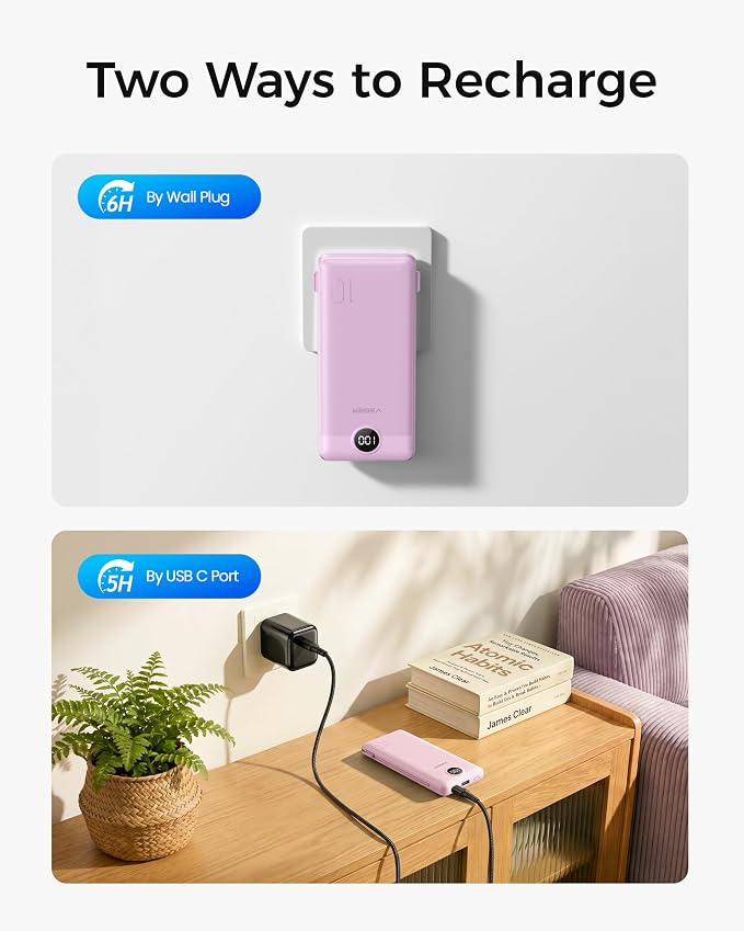 VEGER Portable Charger for iPhone Power Bank Built in Cable and Wall Plug | 10000mAhUltra Slim&ampCompact5 OutputsLED DisplayFlight-SafeTravel Essentials Battery Pack for iPhone 17iPad Samsun