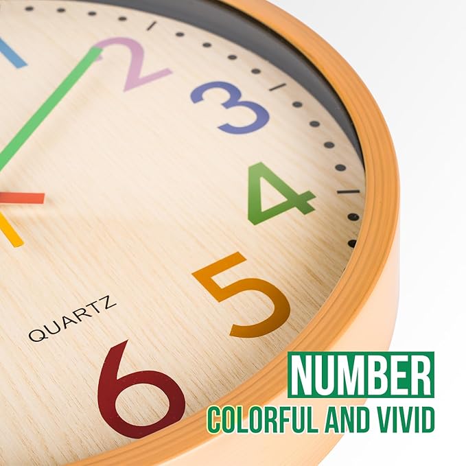 bakbrand Kids Wall Clock Silent Non-Ticking Colorful Childrens Clock Round Decorative Wall Clocks for Classroom, School, Office, Bedroom, Living Room, Kitchen (Bamboo Grain, 12 inch)