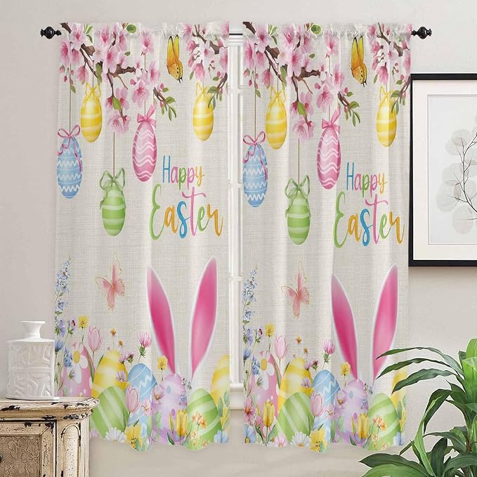 Happy Easter Living Room Curtains 72 Inches length, Spring Farmhouse Bunny Eggs