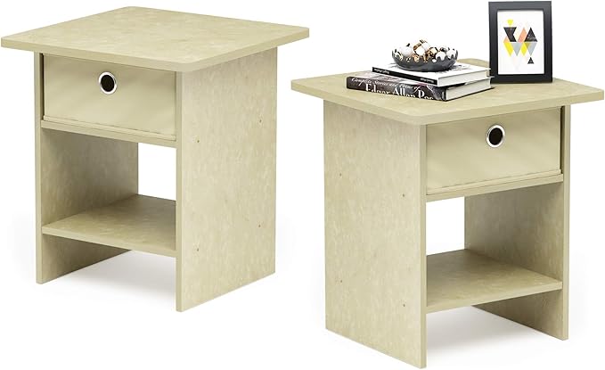 Furinno Dario End Table/Night Stand Storage Shelf with Bin Drawer, Beige Marble/Ivory, Set of 2