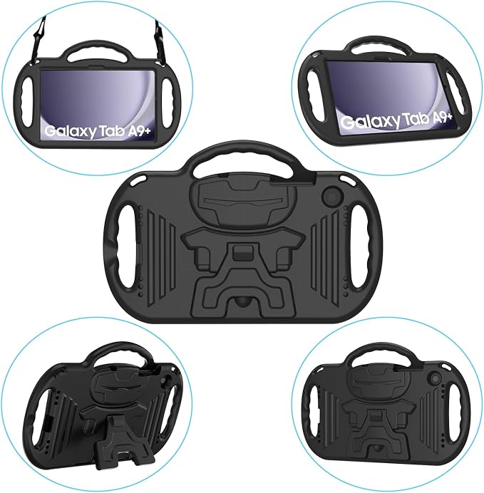 Kids Case for Samsung Galaxy Tab A11+ Plus/A9+ Plus 11 Inch Case with Strap Shockproof Lightweight Handle Stand 2025/2023 Model with Lanyard Black