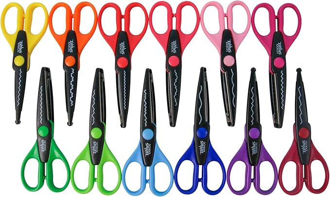School Smart Paper Edger Scissors, 6-1/2 x 2-1/2 Inches, Assorted Colors, Set of 12
