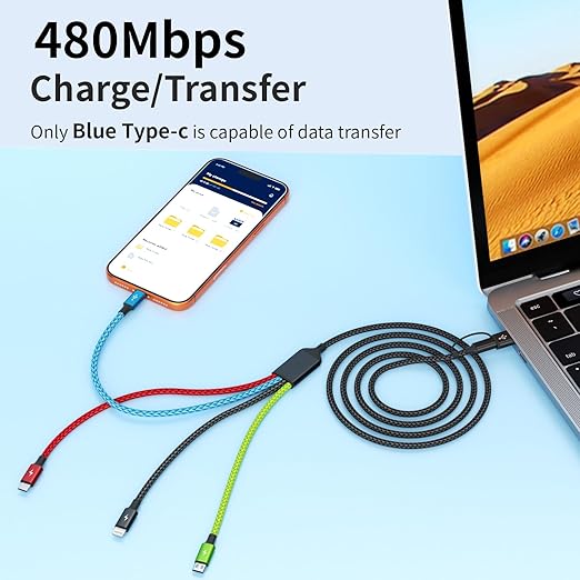 4 in 1 Multi Charging Cable 2 Pack 6FT Charging Cords for Devices | Nylon Braided USB C Car Charger Cable with Dual USB-C IP &amp Micro Ports Long Travel Charging Cord for Cars