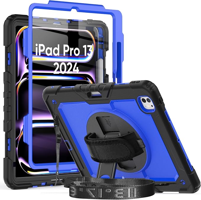 iPad Pro 11 Inch Case 2024 with Screen Protector Pen Holder | iPad Pro 11 5th Generation Case | Three Layer Shockproof Defender Protective Cover W/Stand Hand Strap for iPad A2836/A2837 | Black