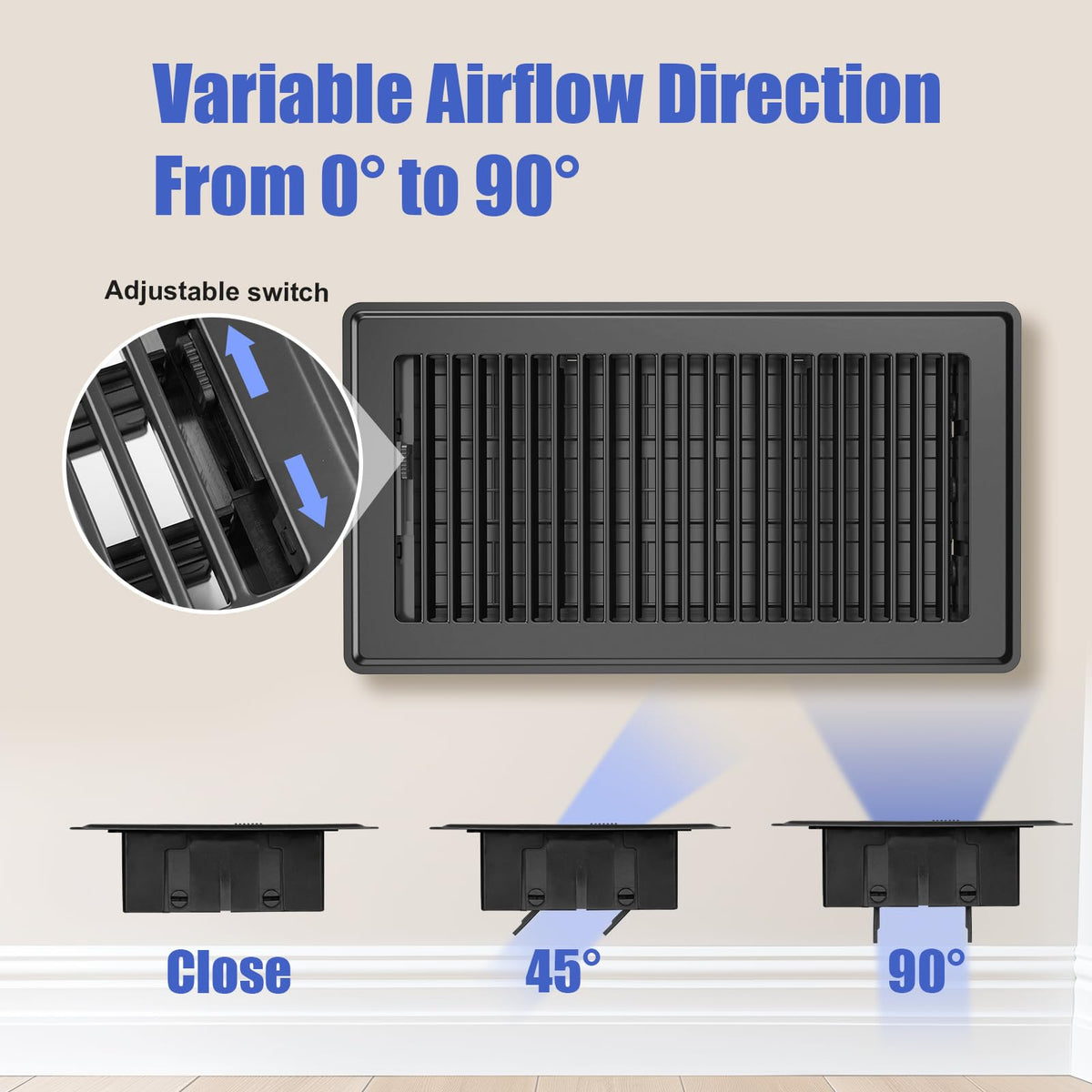 Floor Register Fits 6x12 and 12x6 Duct Opening - Heavy Duty Walkable Floor Vent Covers 4 Pack - High Airflow Adjustable HVAC Air Vent - Steel Rust-Proof Finish Vent Covers for Home & Office - Black