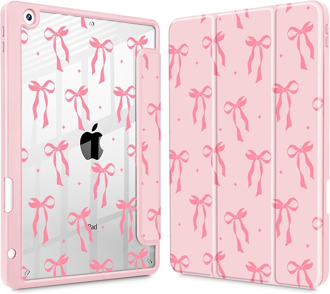 Case for iPad 9th/8th/7th Generation 10.2-Inch (2021/2020/2019 Release) with [Built-in Pencil Holder] Shockproof Cover with Clear Transparent Back Shell &amp Auto Wake/Sleep - Blue Bows