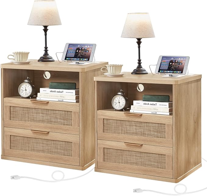 LEYAOYAO Rattan Nightstands Set of 2 with Charger Station, 23" Wide Boho Night Stand with 2 Drawers, Natural Wood Bedside Table Open Shlef, Bed Side End Table Dresser for Bedroom, Living Room Hallway