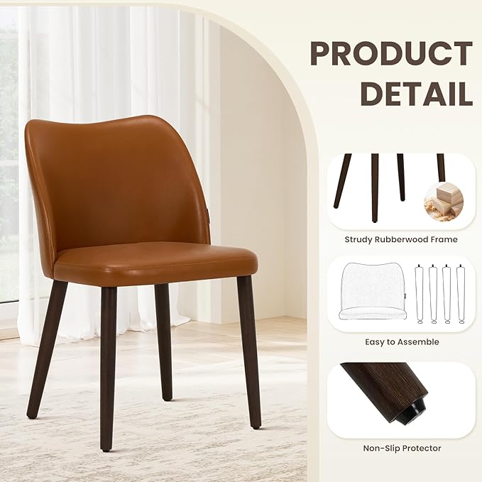 Wooden Dining Chairs Set of 2, Upholstered Kitchen Dining Room Chair, Modern Faux Leather Farmhouse Dinner Chair for Restaurant & Cafe, Light Brown