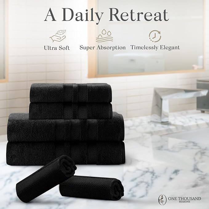 Zero Twist Bathroom Towel Set - Luxury Bath Towel Sets for Bathroom, Hands, and Washcloths - Quick Dry and Absorbent - 6 Pieces, 3 Stripe, Black