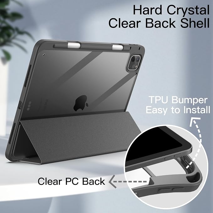 JETech Case Cover for iPad Pro 11 4/3/2/1 Black | For 2022/2021/2020/2018 Model Clear Back Pencil Holder Slim Shockproof Tri-Fold Stand Auto Wake/Sleep
