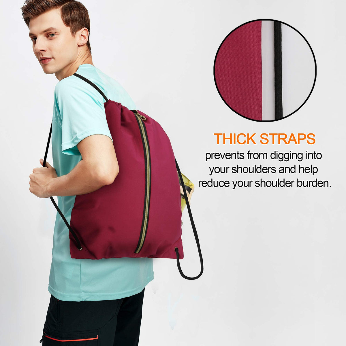 BeeGreen Maroon Drawstring Backpack with 3 Zipper Pocket and 2 Inside Pouch，19.2 "x 15" Large Sports Gym Drawstring bag Draw String Bags Pack