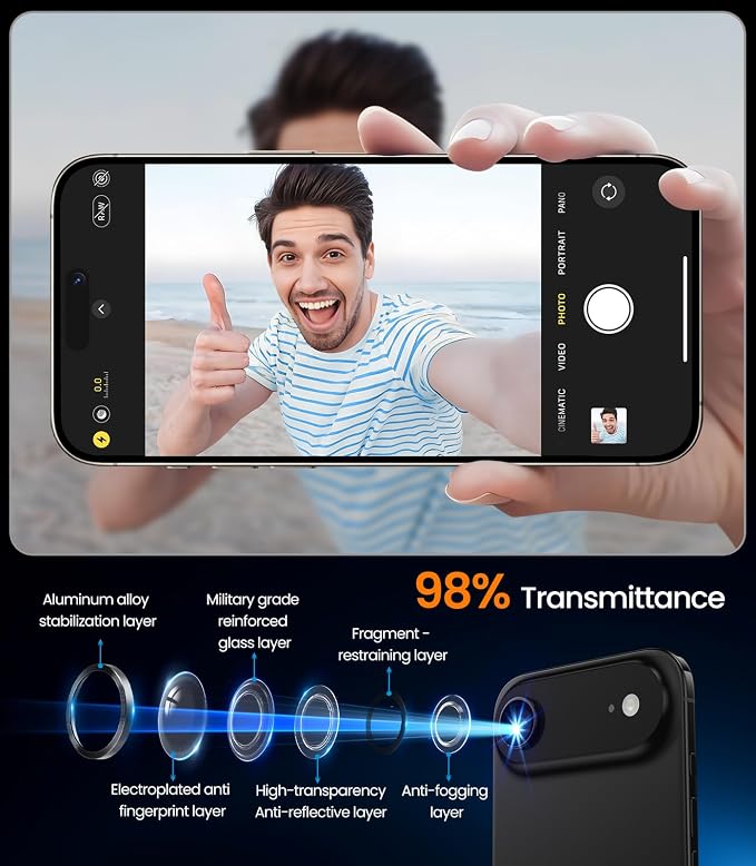 iGluz 2 Pack Anti-Reflection Camera Lens Protector for iPhone 17/16/16 Plus [98% Transmittance][1-Step Installation][Strong Adsorption] 9H Shatterproof Tempered Glass-Black