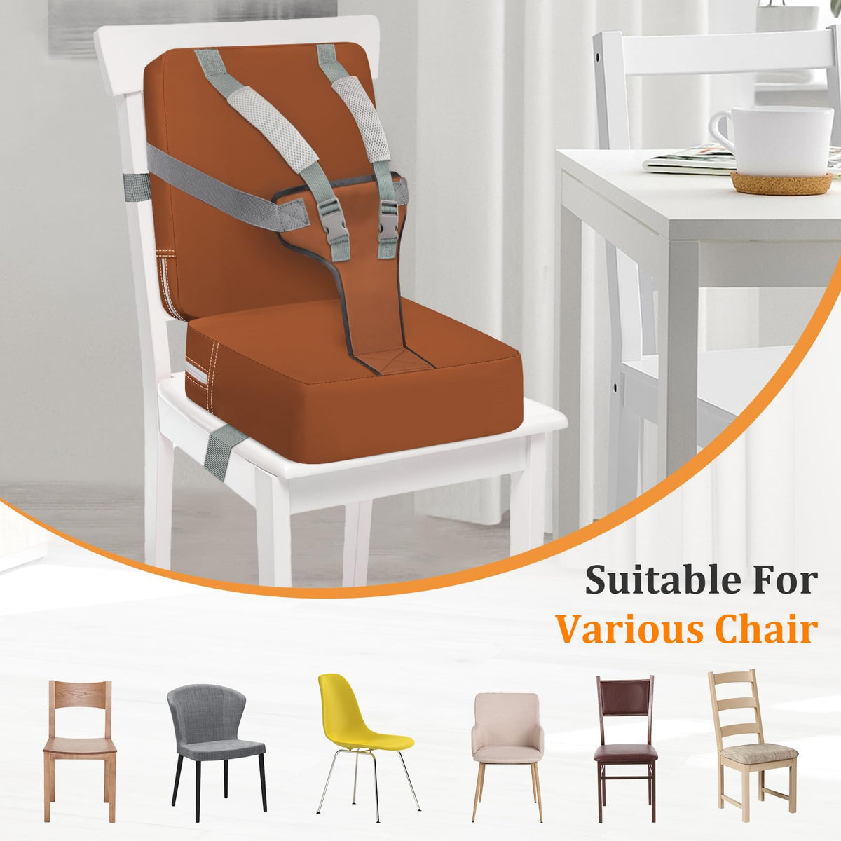 Toddler Booster Seat for Kitchen Chair & Dining Table – Waterproof PU Foam Cushion with Backrest & Safety Straps – Foldable, Lightweight Design for Kids Ages 2-6 – Easy to Clean