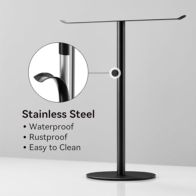 Black Hand Towel Holder Stand – Countertop T-Shaped Stainless Steel Towel Rack with Non-Slip Base for Vanity and Kitchen