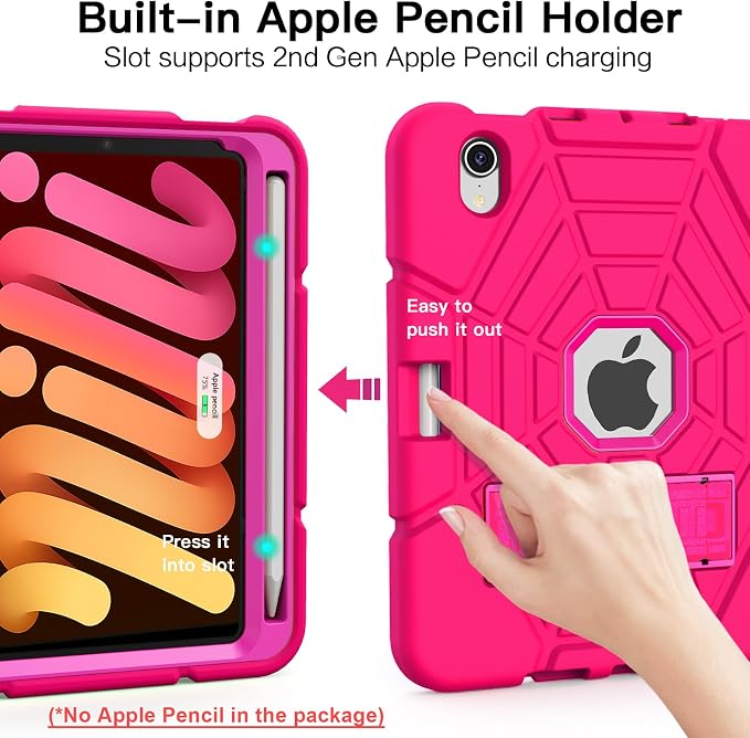 Grifobes Case for iPad mini 7th 2024 (A17 Pro) / Mini 6th Generation 2021 8.3 Heavy Duty Shockproof Cover with Pencil Holder Stand for i Pad Mini 7/6 Gen 8.3 inch Case (Black+Red+Red)