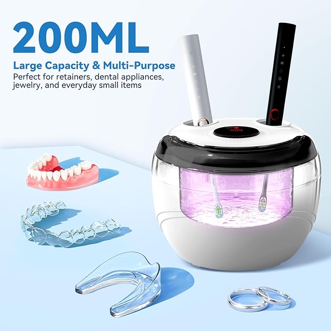 Hosoote Dental Ultrasonic Retainer Cleaner Machine, 45kHz Cleaning Pod, 200mL, 4 Modes & Digital Timer for Dentures, Aligners, Mouth Guards, Night Guards, Braces, Toothbrush Heads, Jewelry