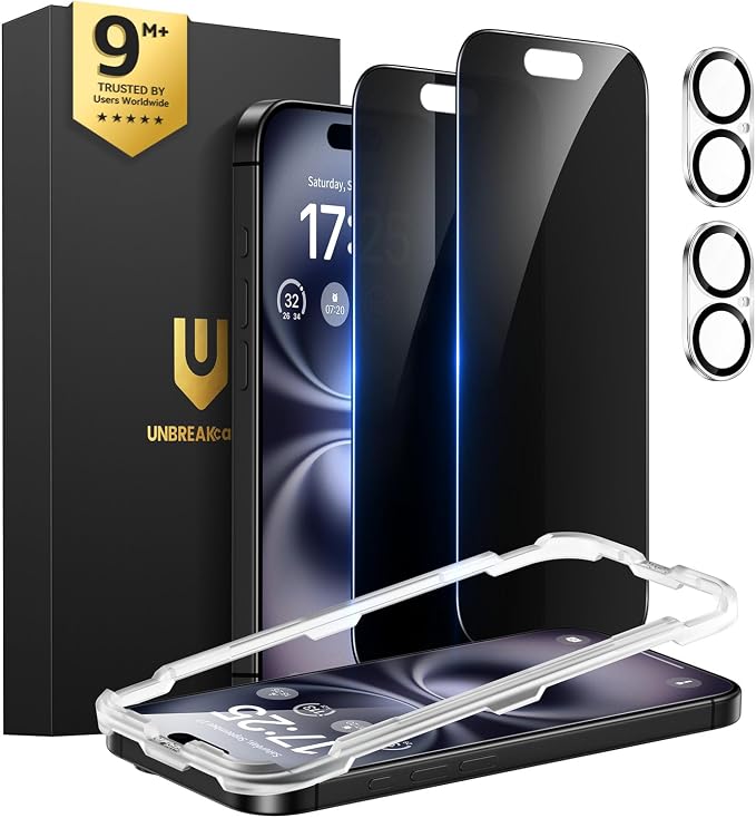 UNBREAKcable iPhone 15 Privacy Screen Protector 2-Pack Upgraded Dual-Tempered Glass + 2 Camera Lens Protectors 25° Anti-Spy Military-Grade 9H+ HD Clear Anti-Fingerprint 6.1 Inch