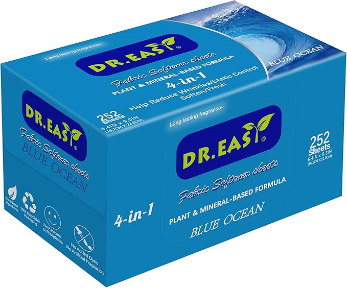 DR.EASY Dryer Sheets Plant Based Formula 252 Ct BLUE OCEAN,Softener sheets for Laundry Unscented No Dyes Reduce Static & Wrinkles Help Repel Pet Hair