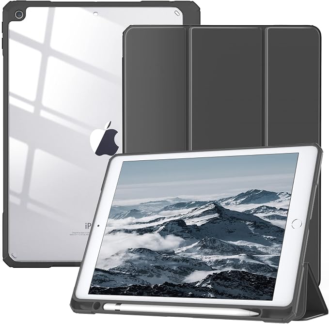 TiMOVO Case for iPad 9th/8th/7th Generation 10.2 inch Black | Pencil Holder Slim Trifold Stand Protective Cover Clear Transparent Back Shell Auto Wake/Sleep
