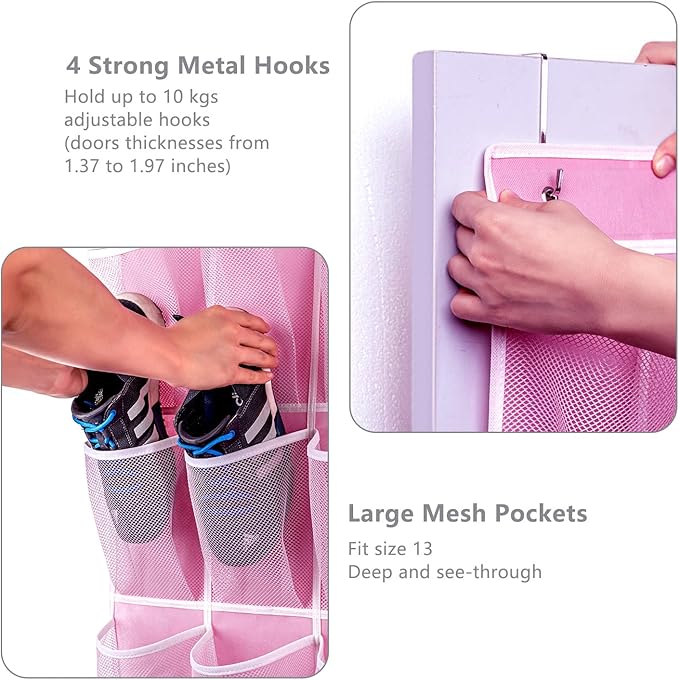 KEEPJOY 28 Pocket Over The Door Shoe Organizer, 2Pack Hanging Shoe Organizer for Door, Hanging Door Shoe Holder Rack with Mesh Pockets Large Size 65 x 23 inch (Pink-2Pack)
