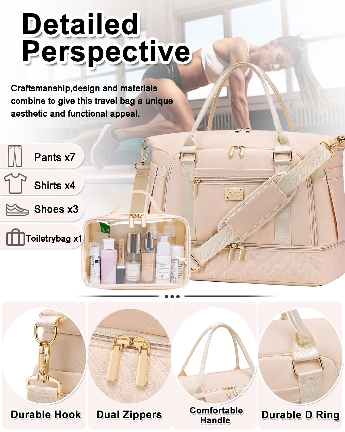 Weitars Women's Gym & Travel Duffle - Weekender with Shoes Compartment, Wet Pocket, Toiletry Bag, Carry-On for Airplanes & Hospital Use