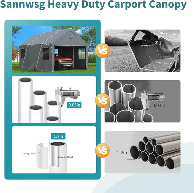 10x16FT Heavy Duty Carport Canopy,Extra Large Portable Car Tent Garage with Roll-up Windows and All-Season Tarp Cover,Removable Roof&Side Wall for Car, SUV,Boats&Truck Shelter Logic Storage
