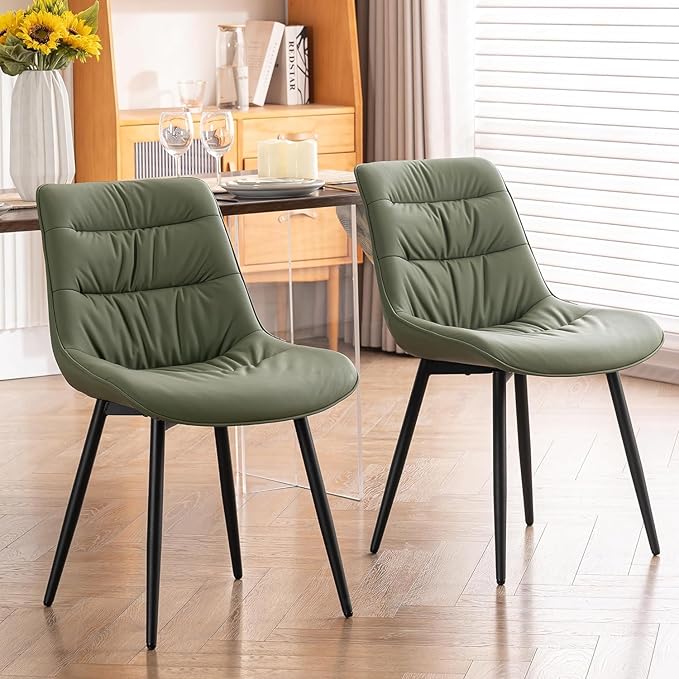 Kidol & Shellder Dining Chairs Set of 2, Modern Upholstered Faux Leather Kitchen Side Chairs with Comfortable Back - Mid-Century Armless Chair for Dining Living Room Bedrooms, with Metal Legs (Green)