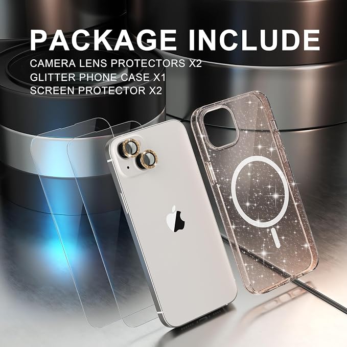 Choiche for iPhone 15 Pro Max Case Compatible with MagSafe Glitter Black | Women Girly Cute Glitter Sparkly Magnetic Phone Case with Diamond Camera Lens Protectors Military-Grade Drop Protection 6.7