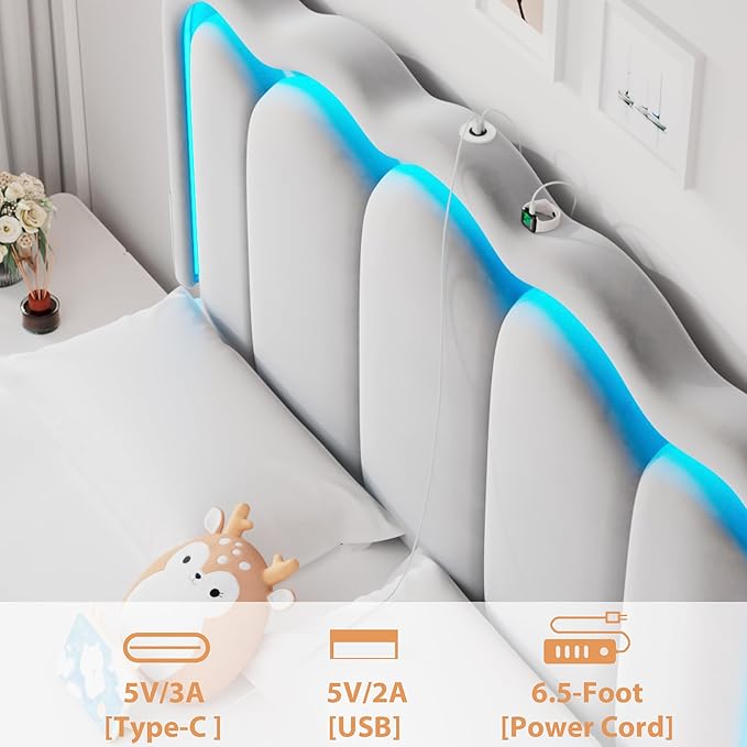 Full Upholstered LED Bed Frame with 2 Storage Drawers and Adjustable Chic Double Wavy Headboard, Velvet Prince Platform Bed with Charing Station, Solid Wood Slats Support,No Box Spring Needed,Grey