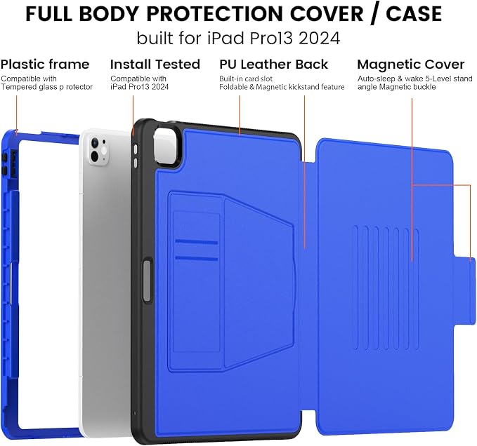 for iPad Pro 11 inch Protective Case M5 2025/M4 2024: Heavy Duty Shockproof Case with Pencil Holder - 360°Rotating Handle/Stand - Screen Protector - Shoulder Strap Black/Sky Blue
