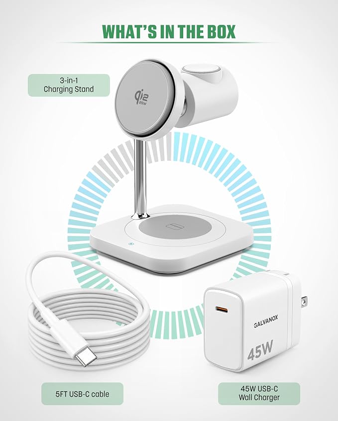 Galvanox Qi2.2 25W Magnetic Wireless Charging Stand for iPhone - 3 in 1 Charger Station (for iPhone Apple Watch and AirPods) with Super Fast (45W) Wall Adapter (Compatible with MagSafe)