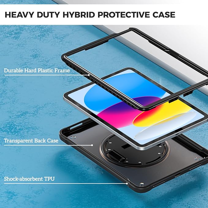 ProCase Rugged Case for iPad A16 11th Gen 2025/iPad 10th Gen 2022 -Black | Heavy Duty Shockproof Rugged Kids Cover with Hand Strap 360 Degree Rotatable Kickstand Protective for iPad 11/10