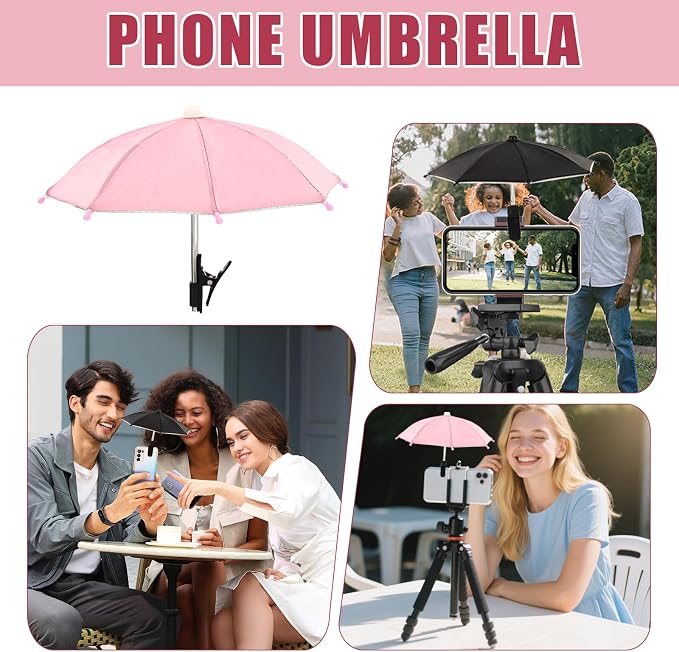 2 PCS Phone Umbrella for Sun Mini Umbrella for Phone with Clip Bracket Used to Shade The Device and Prevent Dizziness Suitable for Beach Pool Outdoor (Black + Pink)