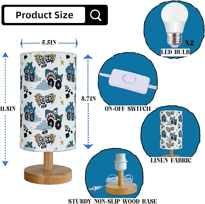 Shark Table Lamp for Boys Bedroom, Wood Base Linen Shade, Nursery Boho Lamp, 3 Level Brightness, Gifts for Boys