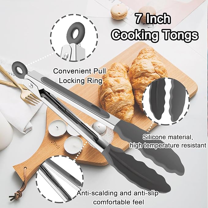 xlehoely 6 PCS Silicone Tongs,Cooking Tongs with Silicone Tips,7 Inch