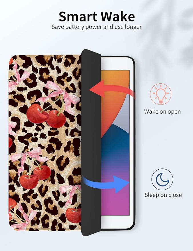 Case for iPad 9th/ 8th/ 7th Generation Case 10.2&amp10.5 Inch (2021/2020/2019 Release) Slim Lightweight Soft Trifold Back Cover with Pencil Holder &amp Auto Sleep/Wake Cover Cherries Cheetah Bows