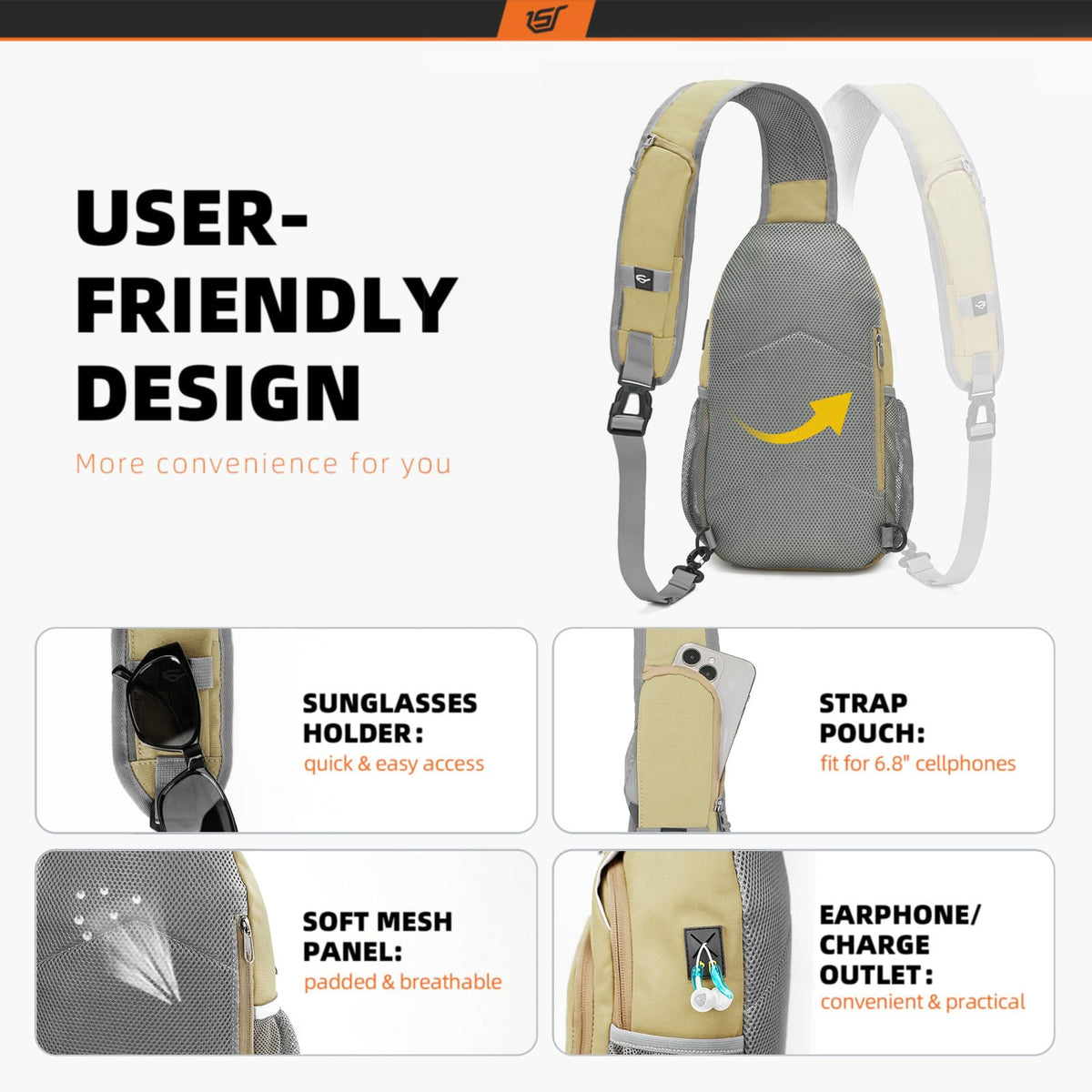SKYSPER Sling Bag RFID Crossbody Sling Backpack Cross Body Shoulder Bag Travel Hiking Daypack for Women Men(Khaki)