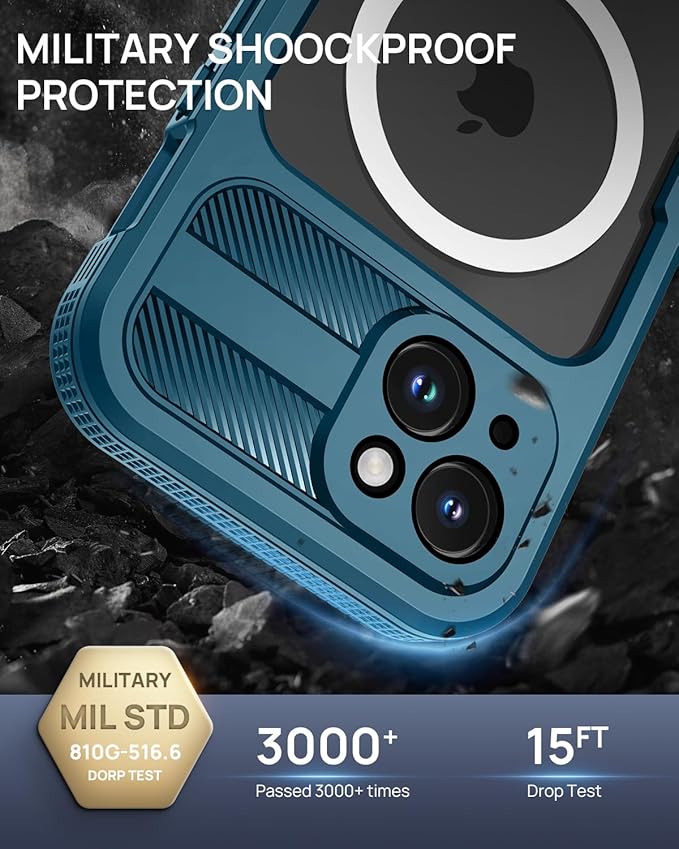 Lanhiem Magnetic for iPhone 15 Case, IP68 Waterproof Dustproof Case, [Compatible with Magsafe] [Built-in Screen Protector] Full Body Heavy Duty Rugged Phone Cover 6.1 inch, Blue/Clear