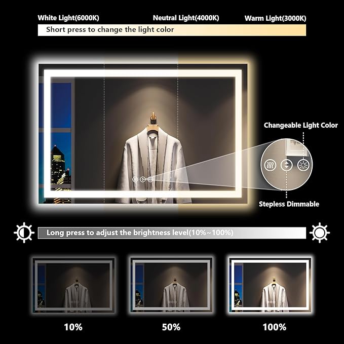 YEELAIT 55x30 Inch LED Bathroom Mirror with Lights Front and Backlit Lighted Vanity Mirror for Bathroom Wall with 3 Colors Dimmable Anti-Fog Memory Shatter-Proof IP54 Waterproof Horizontal/Vertical