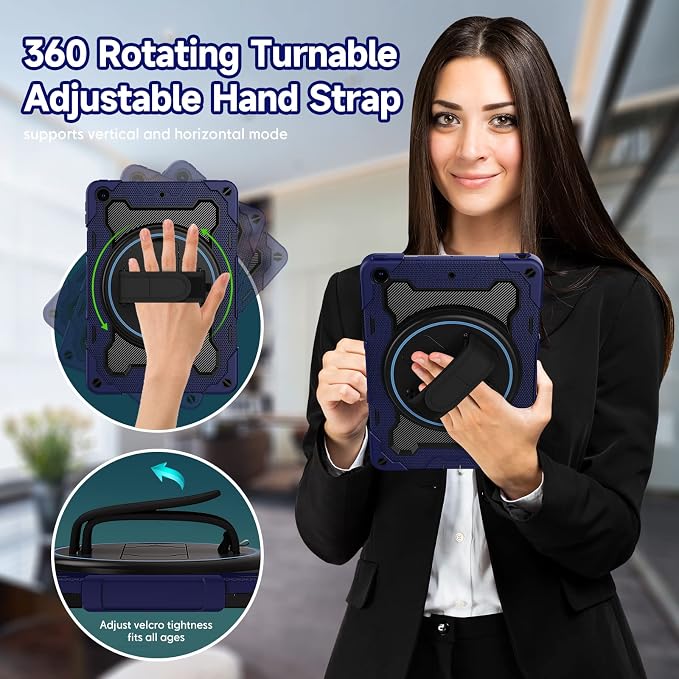 for iPad 9th 8th 7th Gen Case 10.2 inch with Screen Protector | 360° Rotating Kickstand Hand Strap Shoulder Strap Heavy Duty Military Grade - Kids Friendly