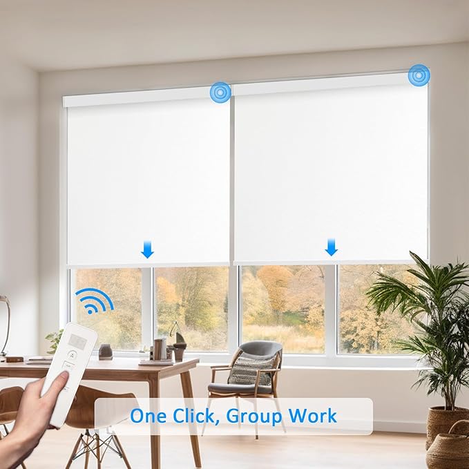 COOLWINDS Motorized Blinds with Remote Cordless Automatic Motorized Shades Custom Blinds for Windows Smart Curtains Compatible with Alexa Google Home(Light Filtering Jacquard White,W30 x H72in)