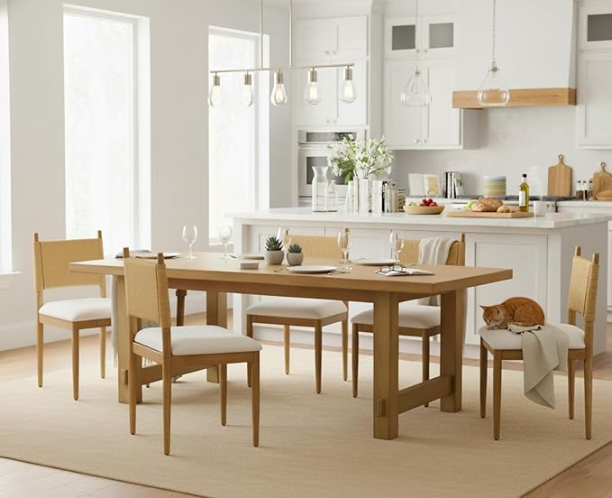 CIMOTA Modern Dining Chairs Set of 6, Mid Century Upholstered Dining Room Chairs with Woven Back, Armless Kitchen Chairs with Natural Solid Wood Legs, Linen Beige