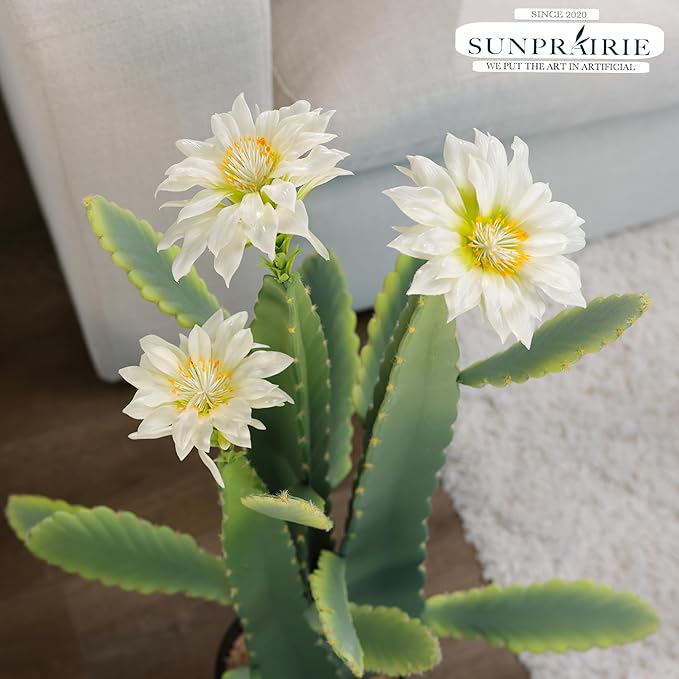 33 Inch Large Artificial Cactus with Lilly White Flowers in Pot with Natural Gravel. Satin Finish Leaves with Real Look and Feel. Outdoor and Indoor Faux Plants.
