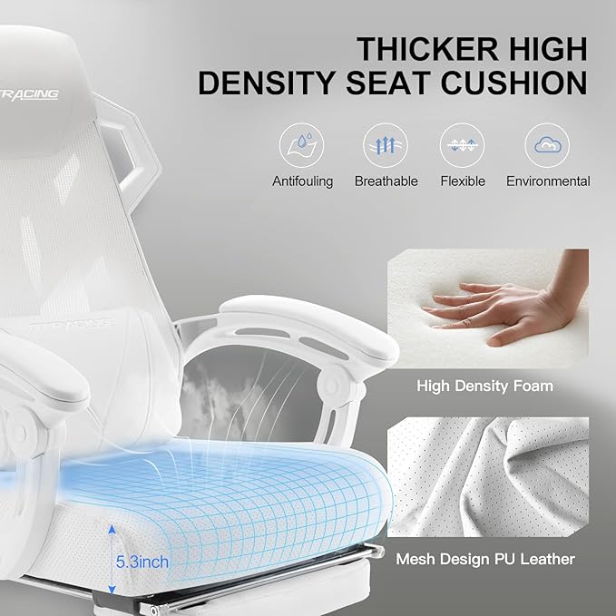 GTRACING Gaming Chair, Computer Chair with Mesh Back, Ergonomic Game Chair with Footrest, Reclining Game Chair with Adjustable Headrest and Lumbar Support for Gaming and Office (White)